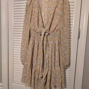 Blush Floral Tie-Waist Long Sleeve Dress - Cream & Yellow